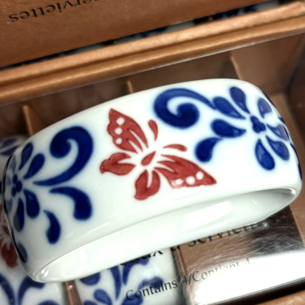 Pier 1 Napkin Rings Blue White Rust Butterfly Blossom Porcelain Ceramic Set 11